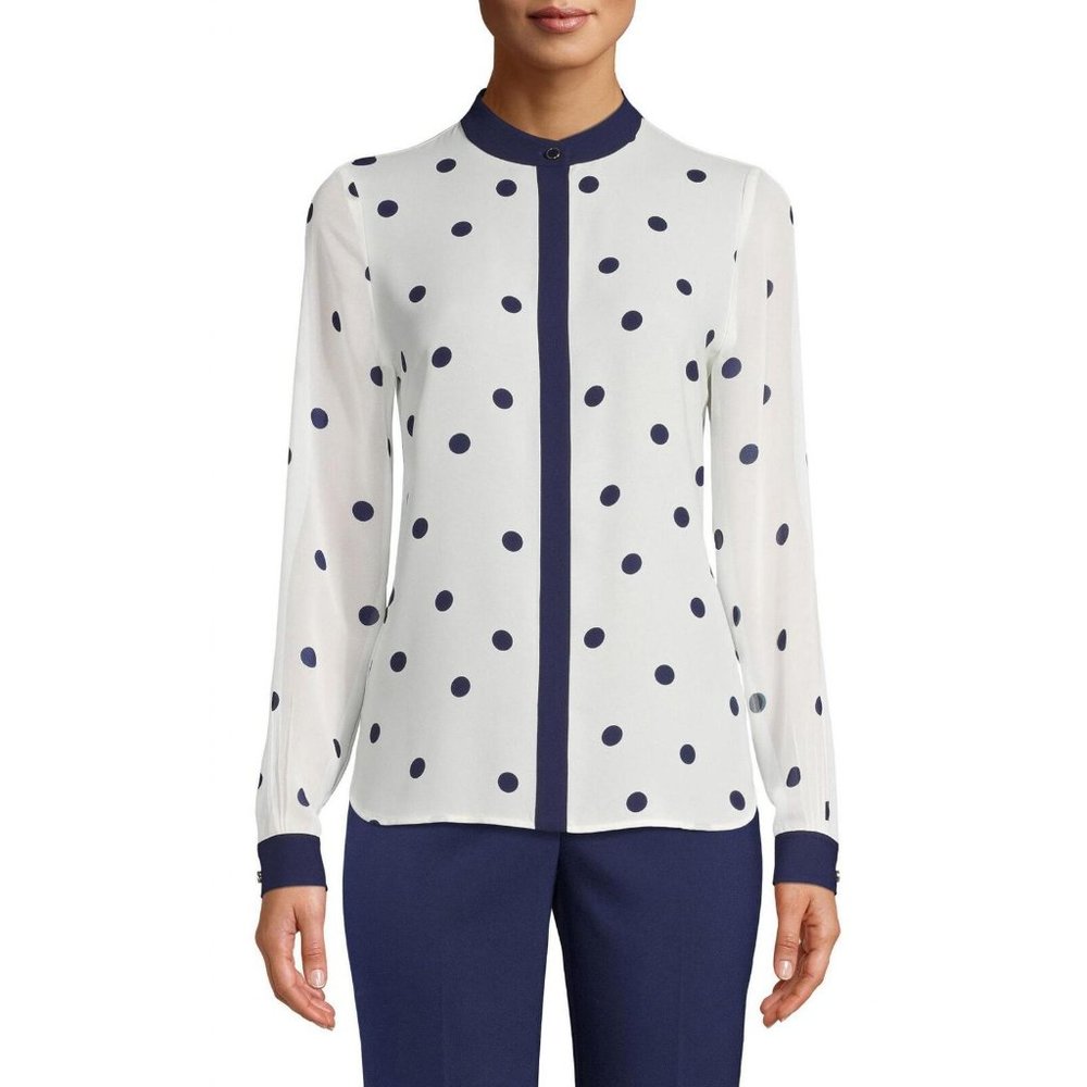 NWT Anne Klein Dot Print Button Front Blouse 10757624 S White / Navy Blue - Picture 1 of 5